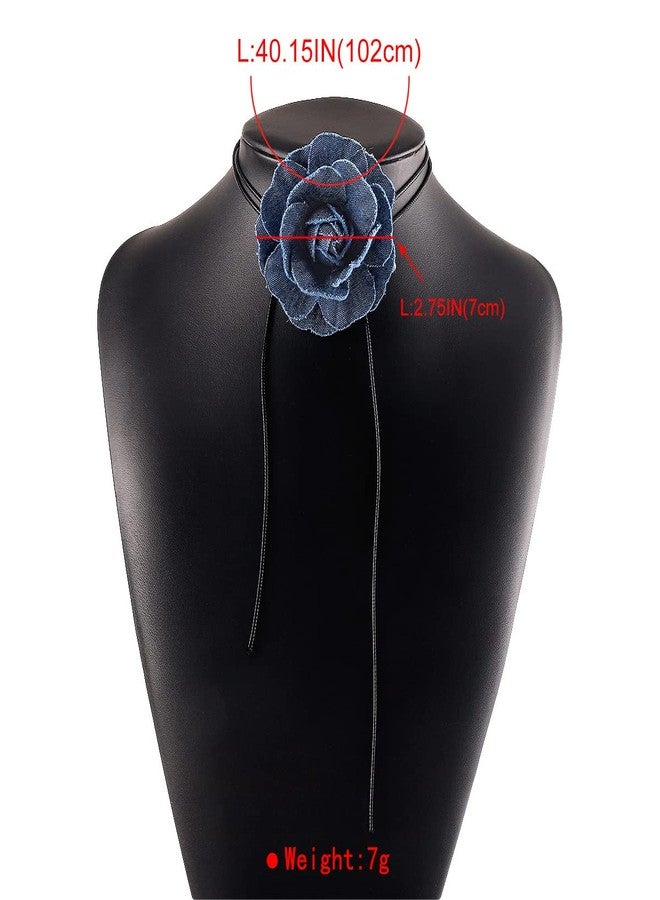 Rannyrena French Denim Flower Choker Necklace Black Leather Rope Long Wrap Tie Necklace Layered Bow-knot Collar Necklace Elegant Party Accessories for Women - Image 5